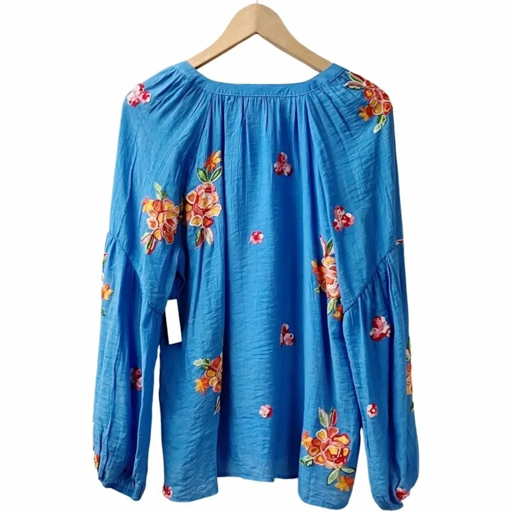 Figueroa & Flower Womens Embroidered Blouse SIZE Large Blue Balloon Sleeves NEW - Picture 6 of 14
